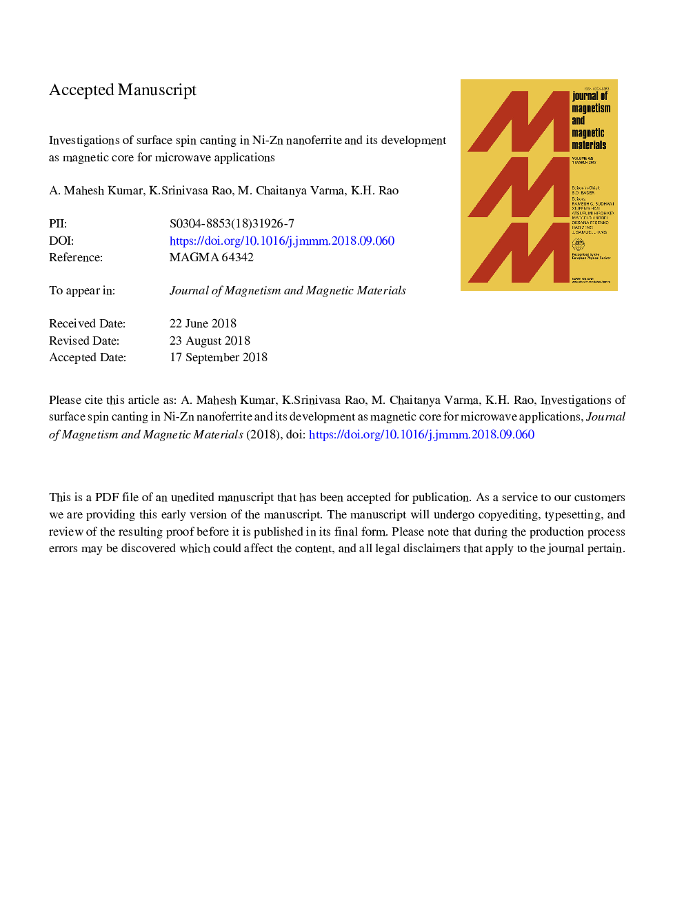 عکس صفحه اول مقاله: Investigations of surface spin canting in Ni-Zn nanoferrite and its development as magnetic core for microwave applications Investigations of surface spin canting in Ni-Zn nanoferrite and its development as magnetic core for microwave applications