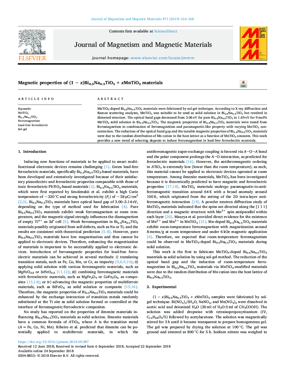 Magnetic properties of (1â¯ââ¯x)Bi0.5Na0.5TiO3â¯+â¯xMnTiO3 materials