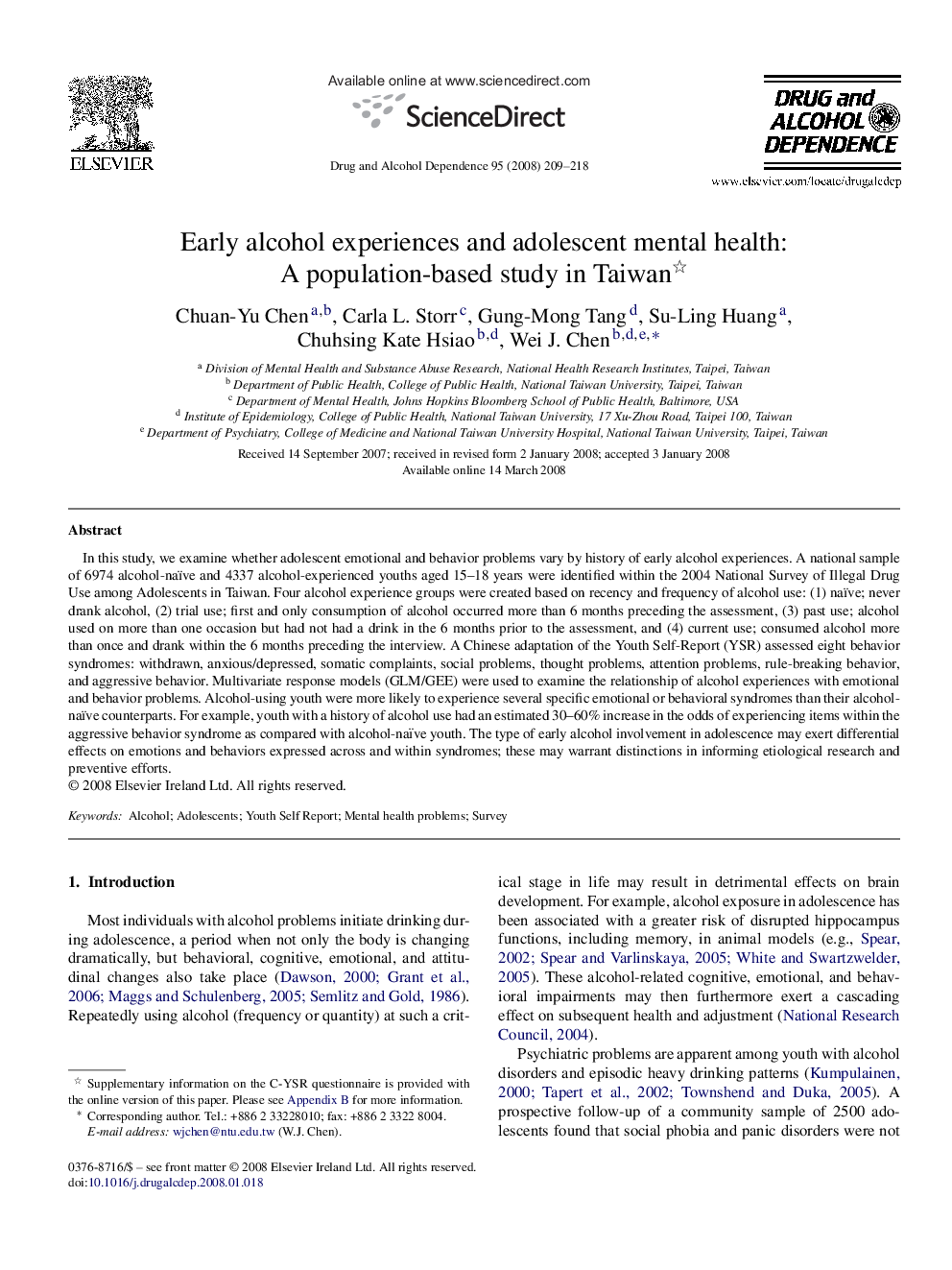 Early alcohol experiences and adolescent mental health: A population-based study in Taiwan 