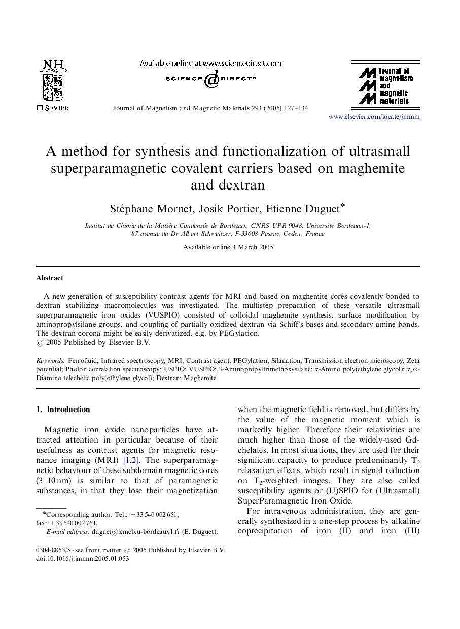 A method for synthesis and functionalization of ultrasmall superparamagnetic covalent carriers based on maghemite and dextran