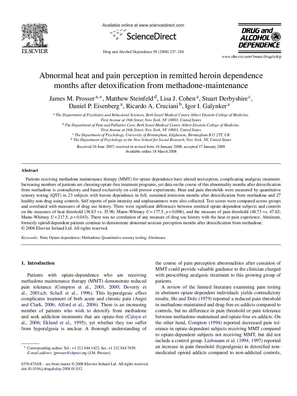 عکس صفحه اول مقاله: Abnormal heat and pain perception in remitted heroin dependence months after detoxification from methadone-maintenance Abnormal heat and pain perception in remitted heroin dependence months after detoxification from methadone-maintenance