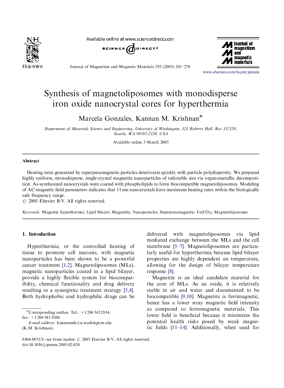 Synthesis of magnetoliposomes with monodisperse iron oxide nanocrystal cores for hyperthermia