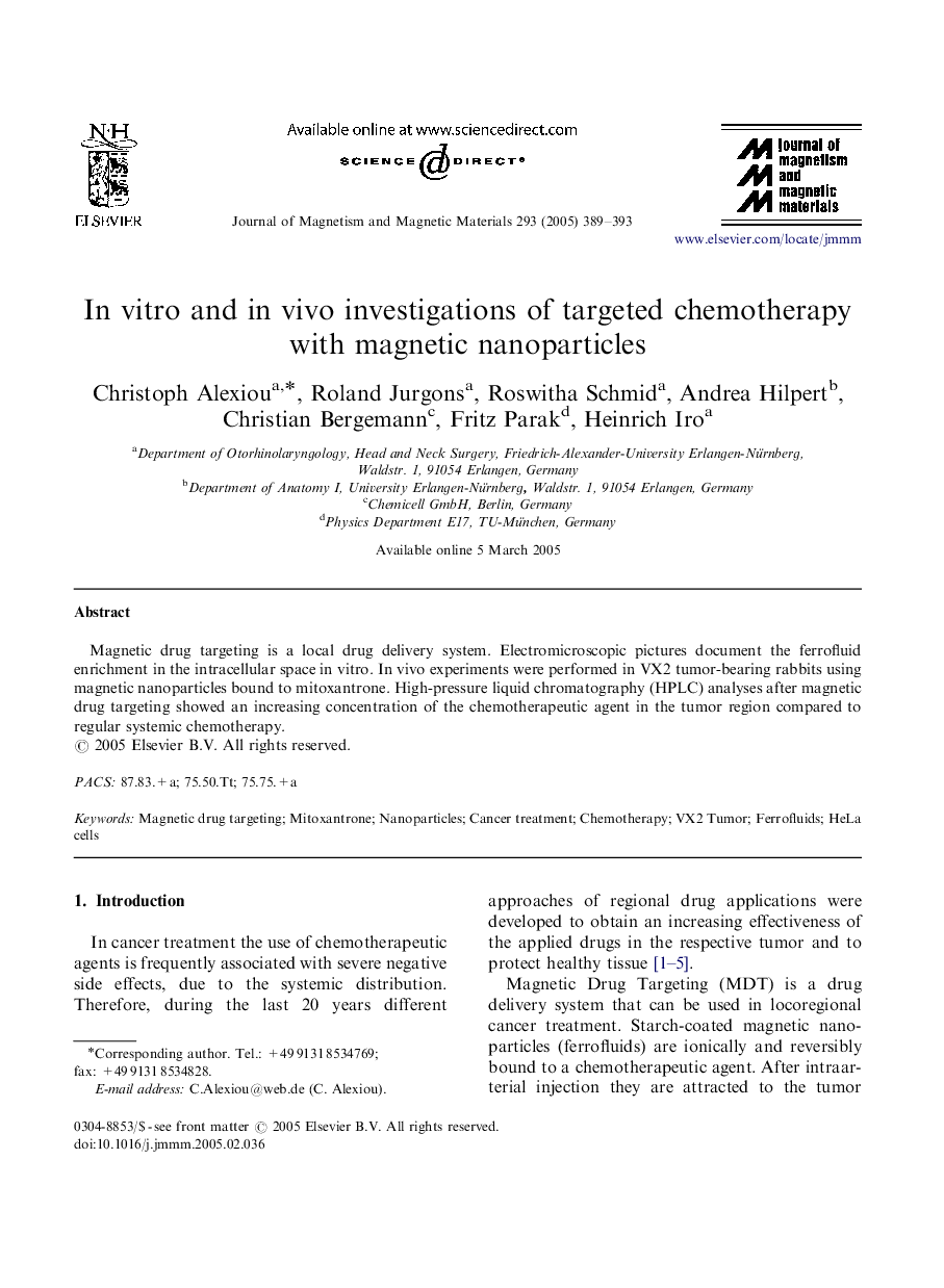 In vitro and in vivo investigations of targeted chemotherapy with magnetic nanoparticles