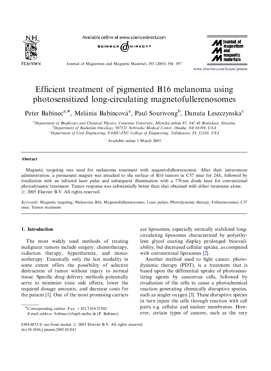 Efficient treatment of pigmented B16 melanoma using photosensitized long-circulating magnetofullerenosomes