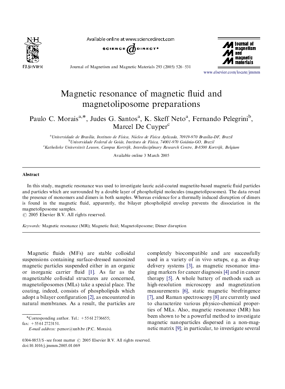 Magnetic resonance of magnetic fluid and magnetoliposome preparations