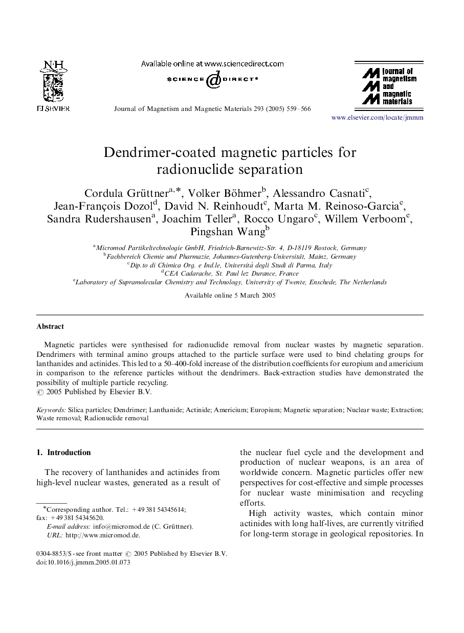 Dendrimer-coated magnetic particles for radionuclide separation