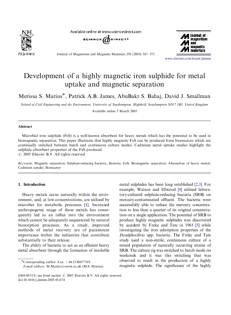 Development of a highly magnetic iron sulphide for metal uptake and magnetic separation