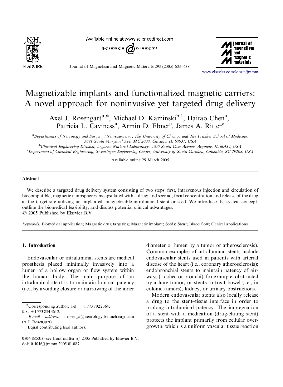 Magnetizable implants and functionalized magnetic carriers: A novel approach for noninvasive yet targeted drug delivery