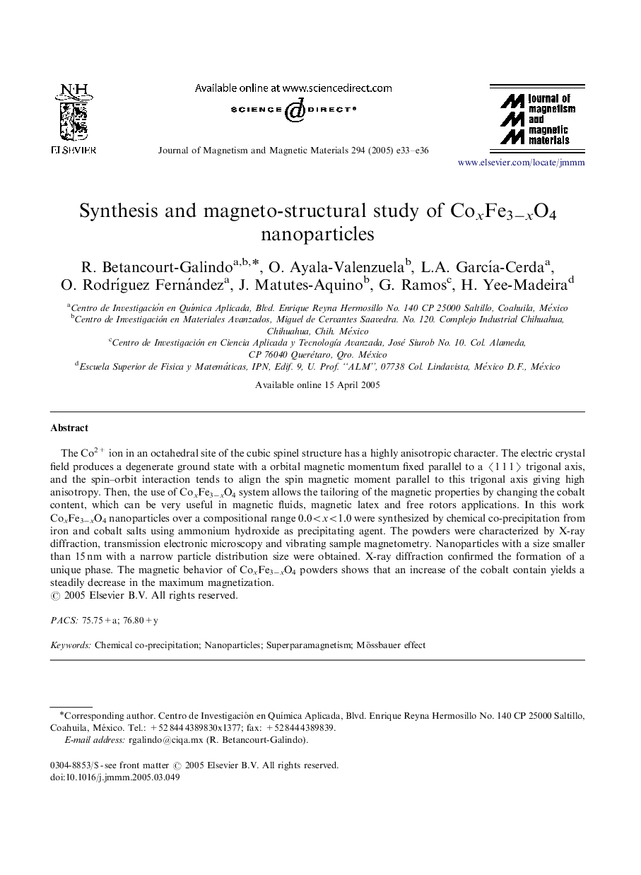 Synthesis and magneto-structural study of CoxFe3âxO4 nanoparticles