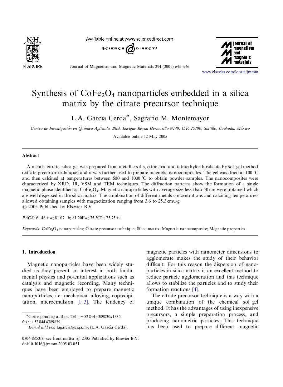 Synthesis of CoFe2O4 nanoparticles embedded in a silica matrix by the citrate precursor technique