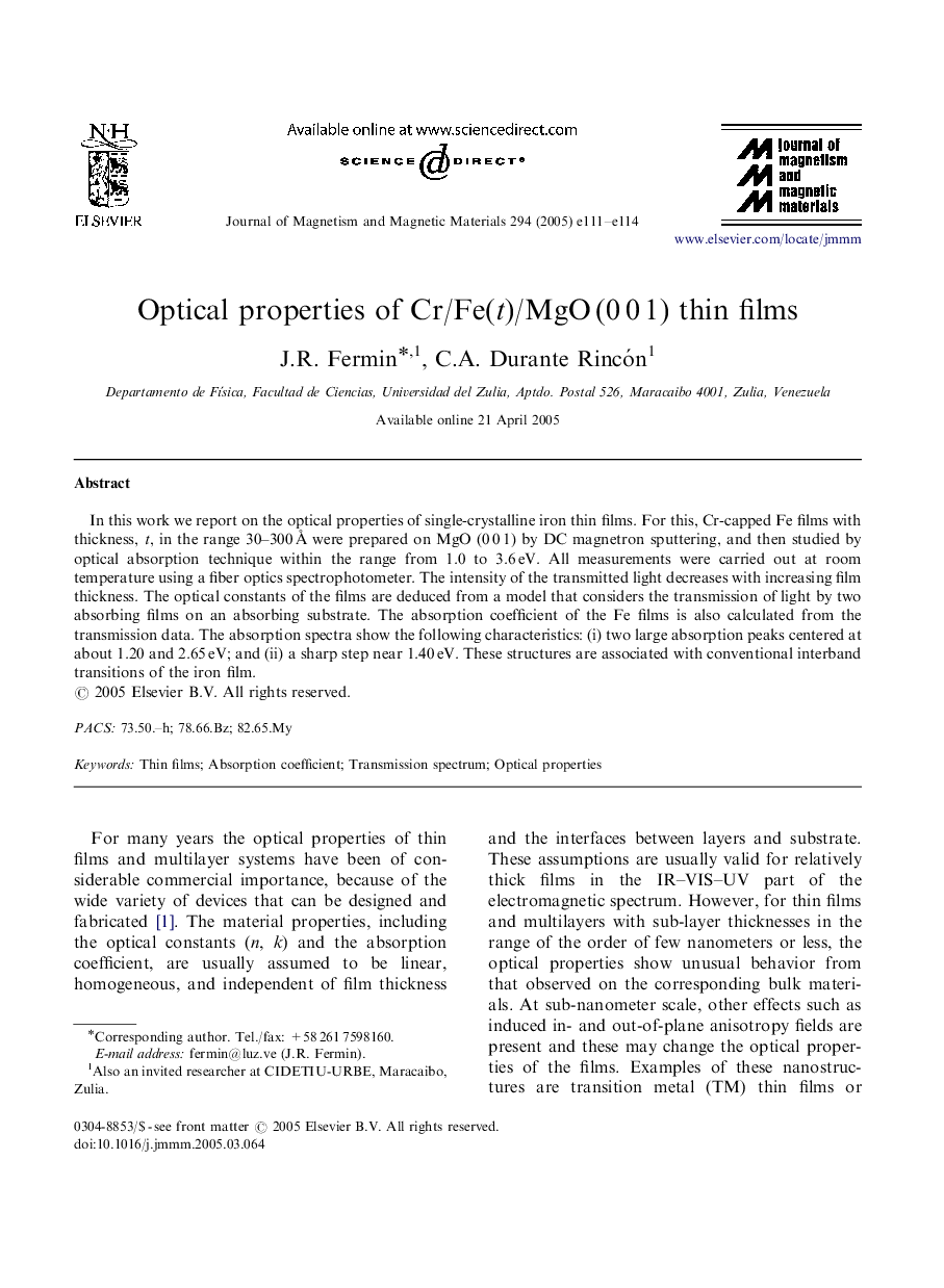 Optical properties of Cr/Fe(t)/MgOÂ (0Â 0Â 1) thin films