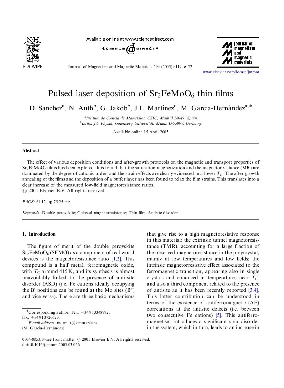 Pulsed laser deposition of Sr2FeMoO6 thin films