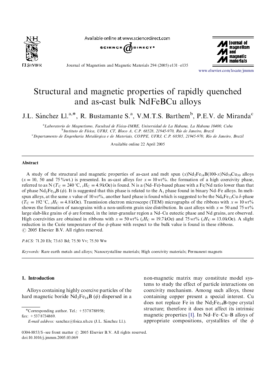 Structural and magnetic properties of rapidly quenched and as-cast bulk NdFeBCu alloys