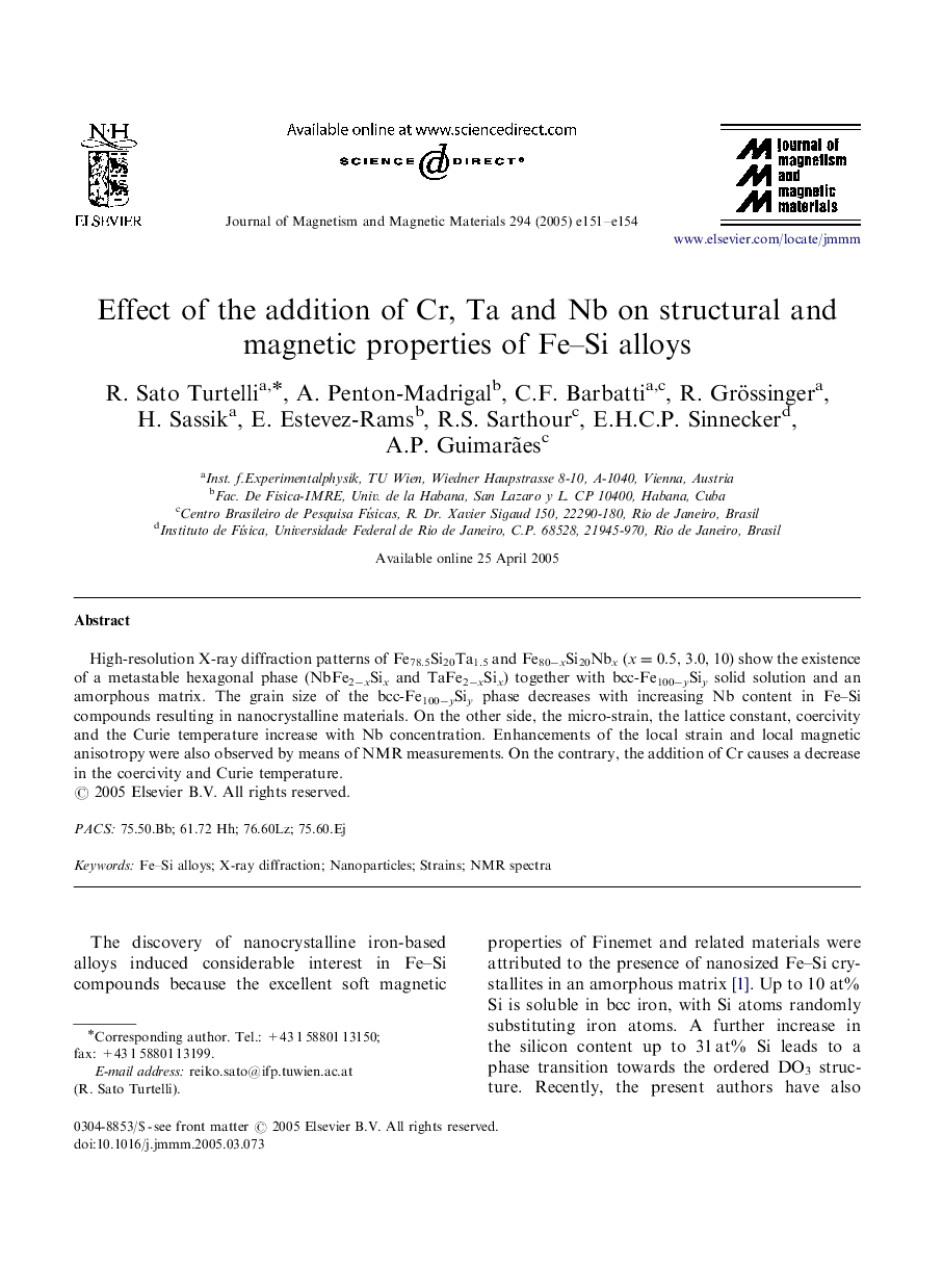 Effect of the addition of Cr, Ta and Nb on structural and magnetic properties of Fe-Si alloys