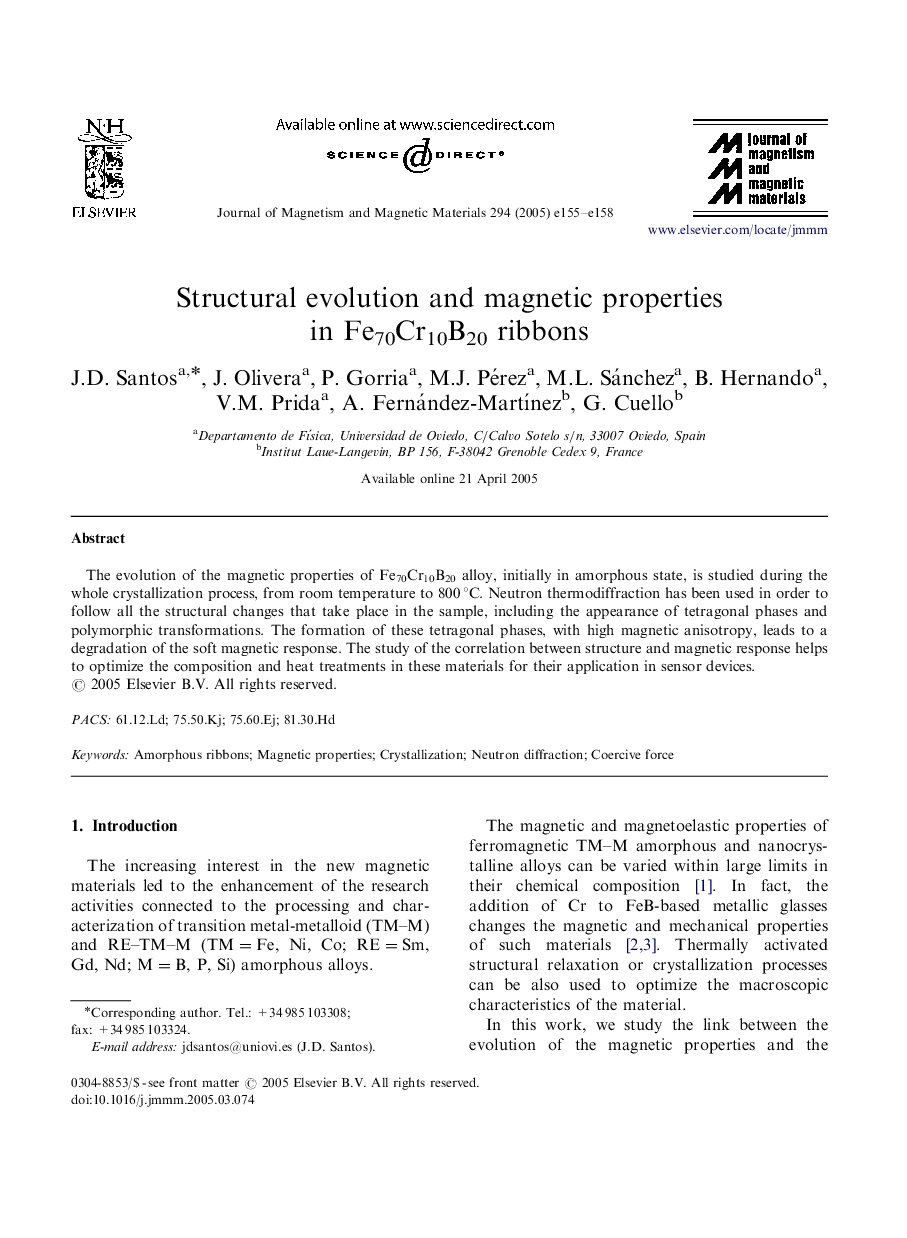 Structural evolution and magnetic properties in Fe70Cr10B20 ribbons