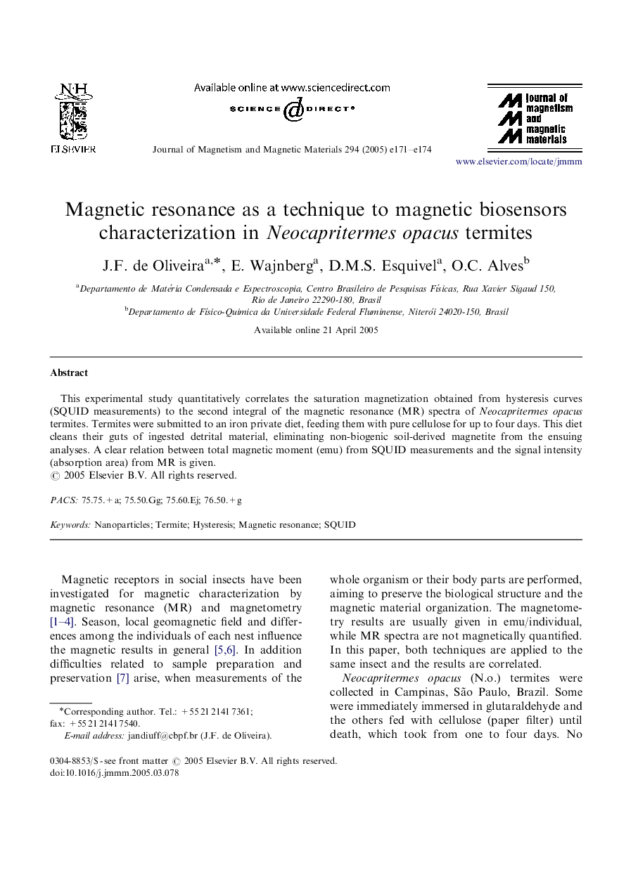 Magnetic resonance as a technique to magnetic biosensors characterization in Neocapritermes opacus termites