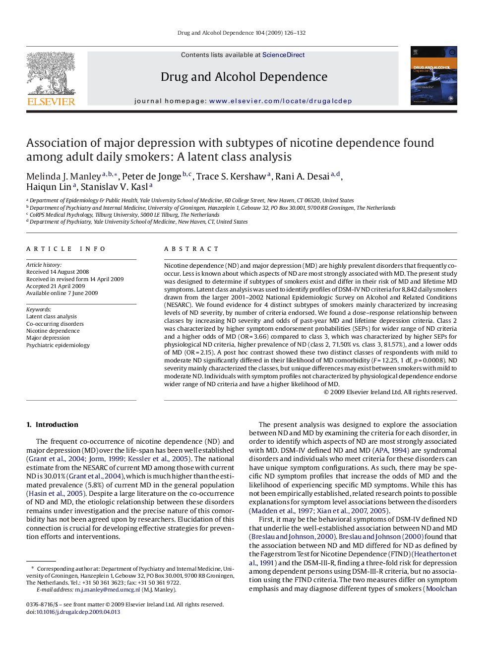 Association of major depression with subtypes of nicotine dependence found among adult daily smokers: A latent class analysis