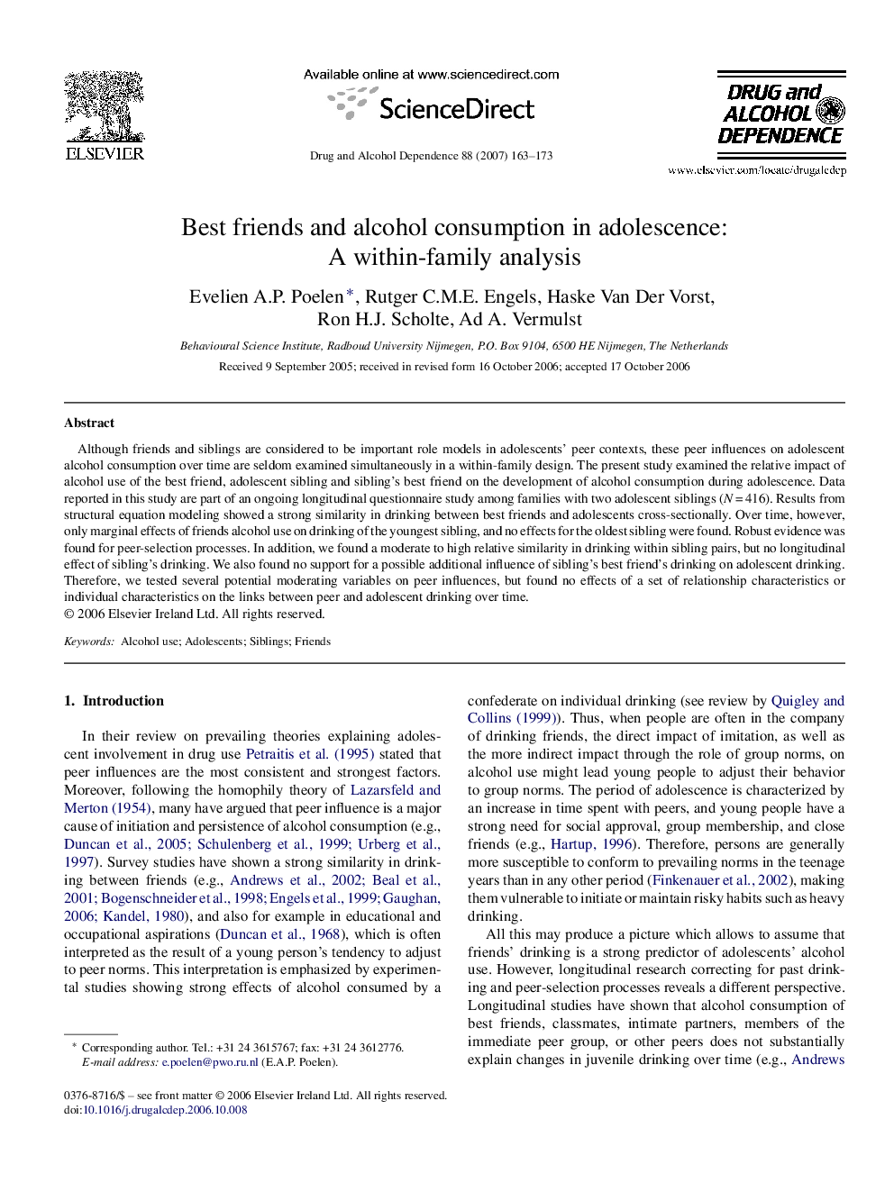 Best friends and alcohol consumption in adolescence: A within-family analysis