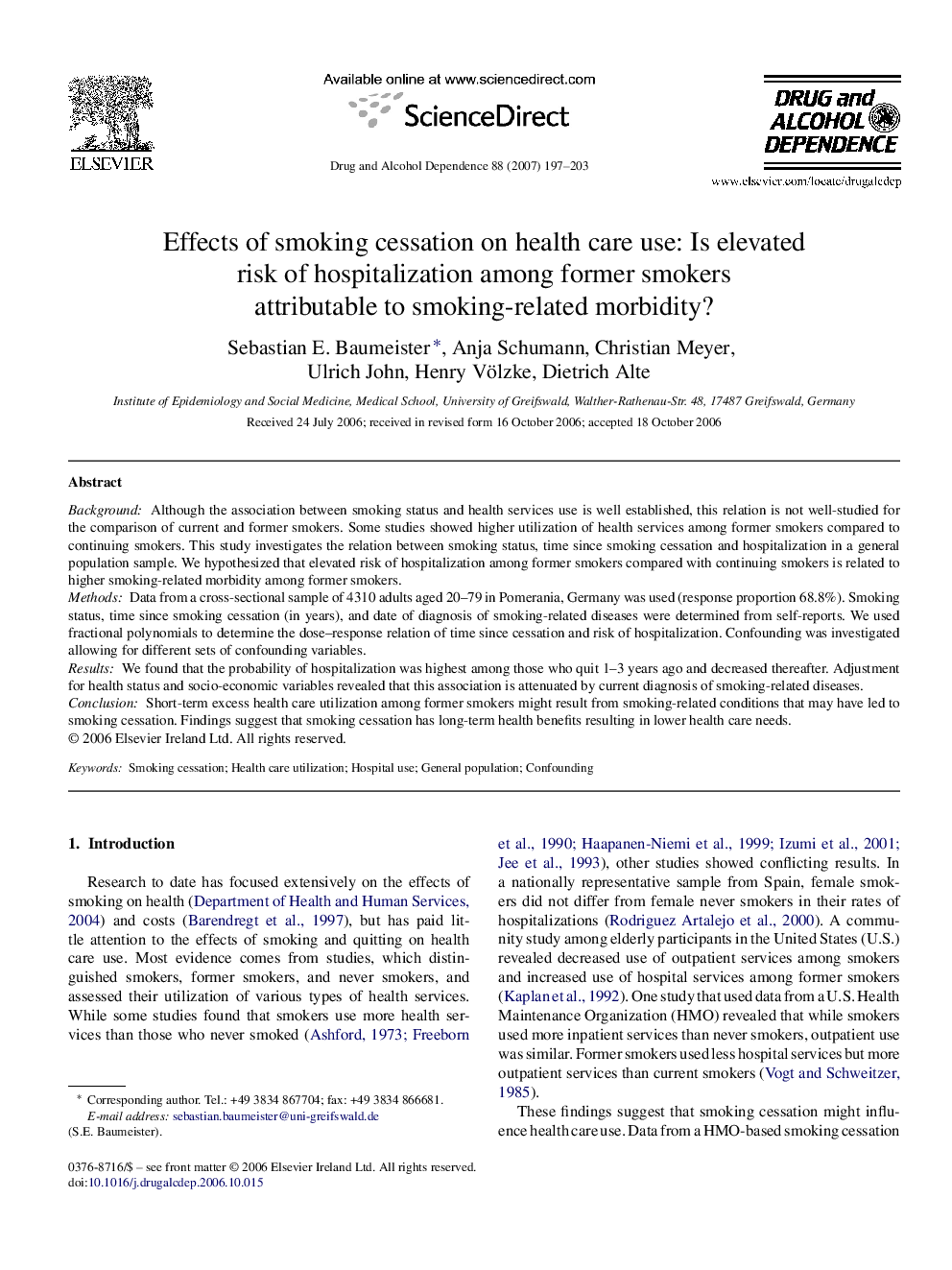 Effects of smoking cessation on health care use: Is elevated risk of hospitalization among former smokers attributable to smoking-related morbidity?