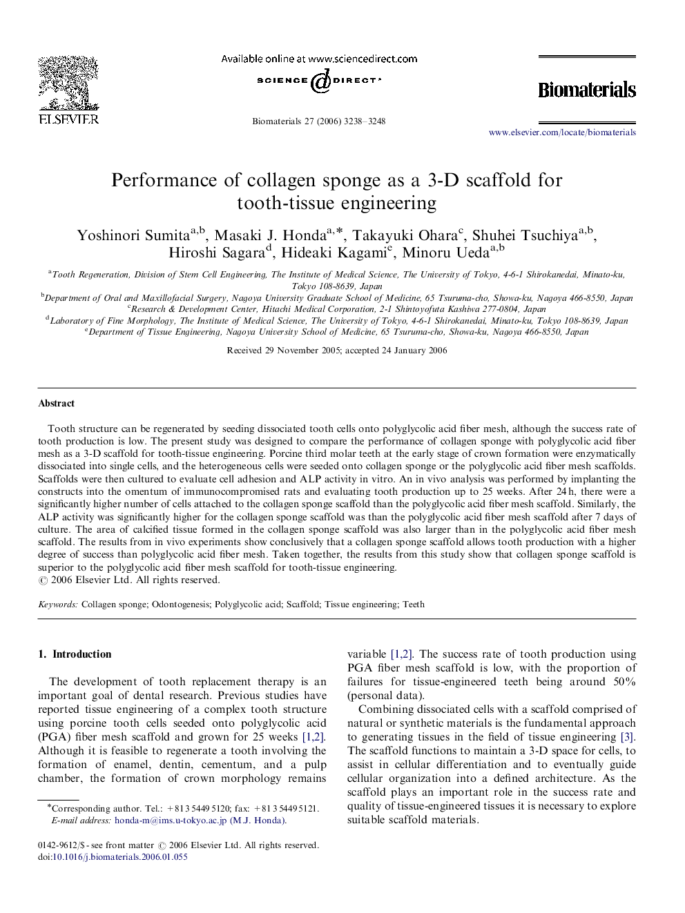 Performance of collagen sponge as a 3-D scaffold for tooth-tissue engineering