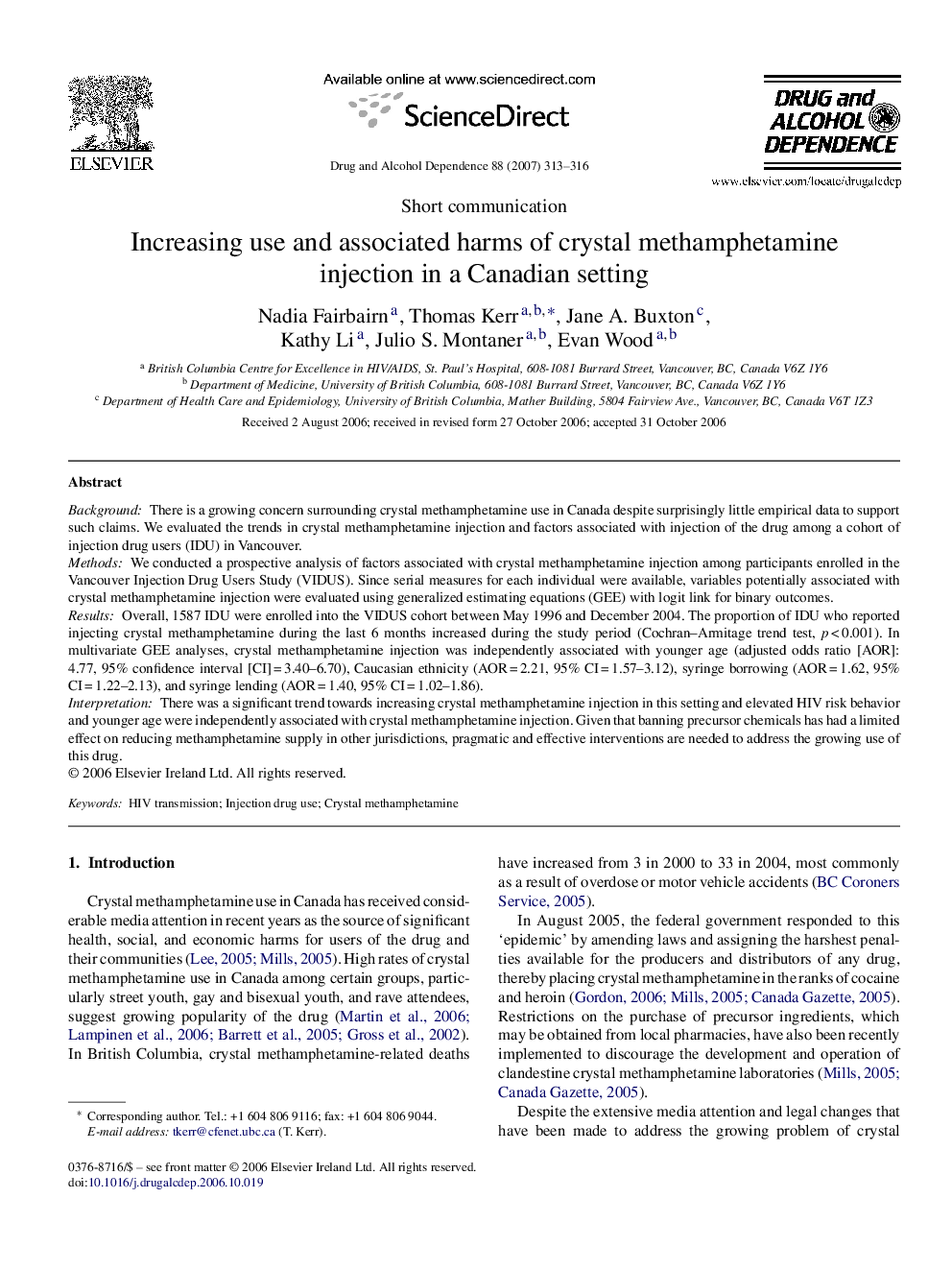 Increasing use and associated harms of crystal methamphetamine injection in a Canadian setting