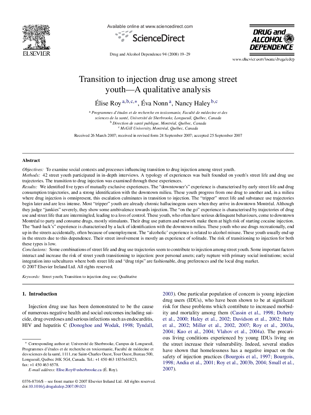 Transition to injection drug use among street youth—A qualitative analysis