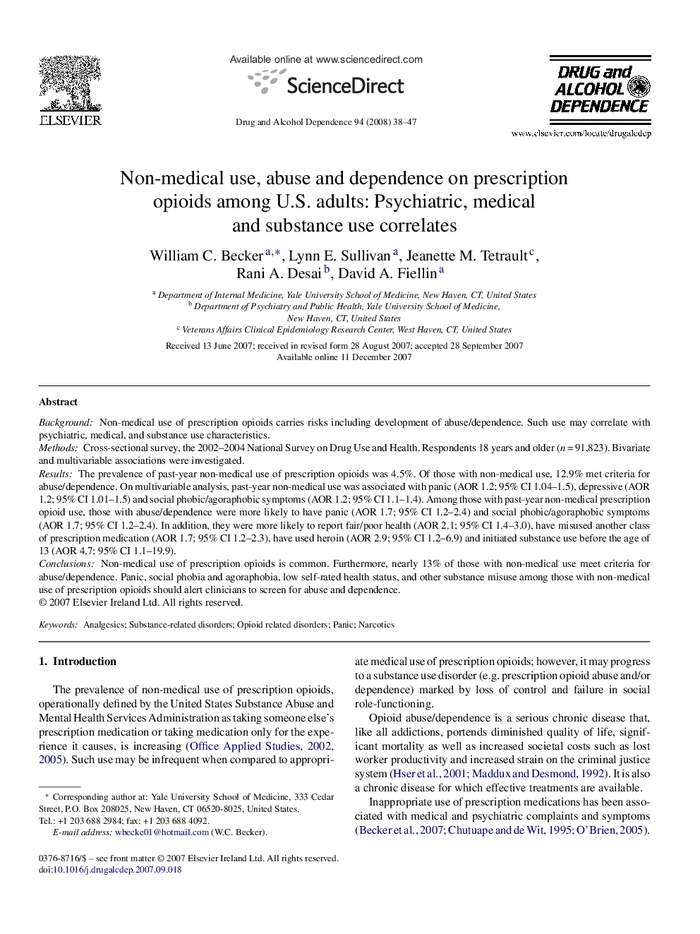 Non-medical use, abuse and dependence on prescription opioids among U.S. adults: Psychiatric, medical and substance use correlates