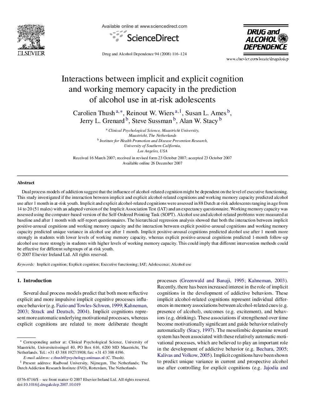 Interactions between implicit and explicit cognition and working memory capacity in the prediction of alcohol use in at-risk adolescents