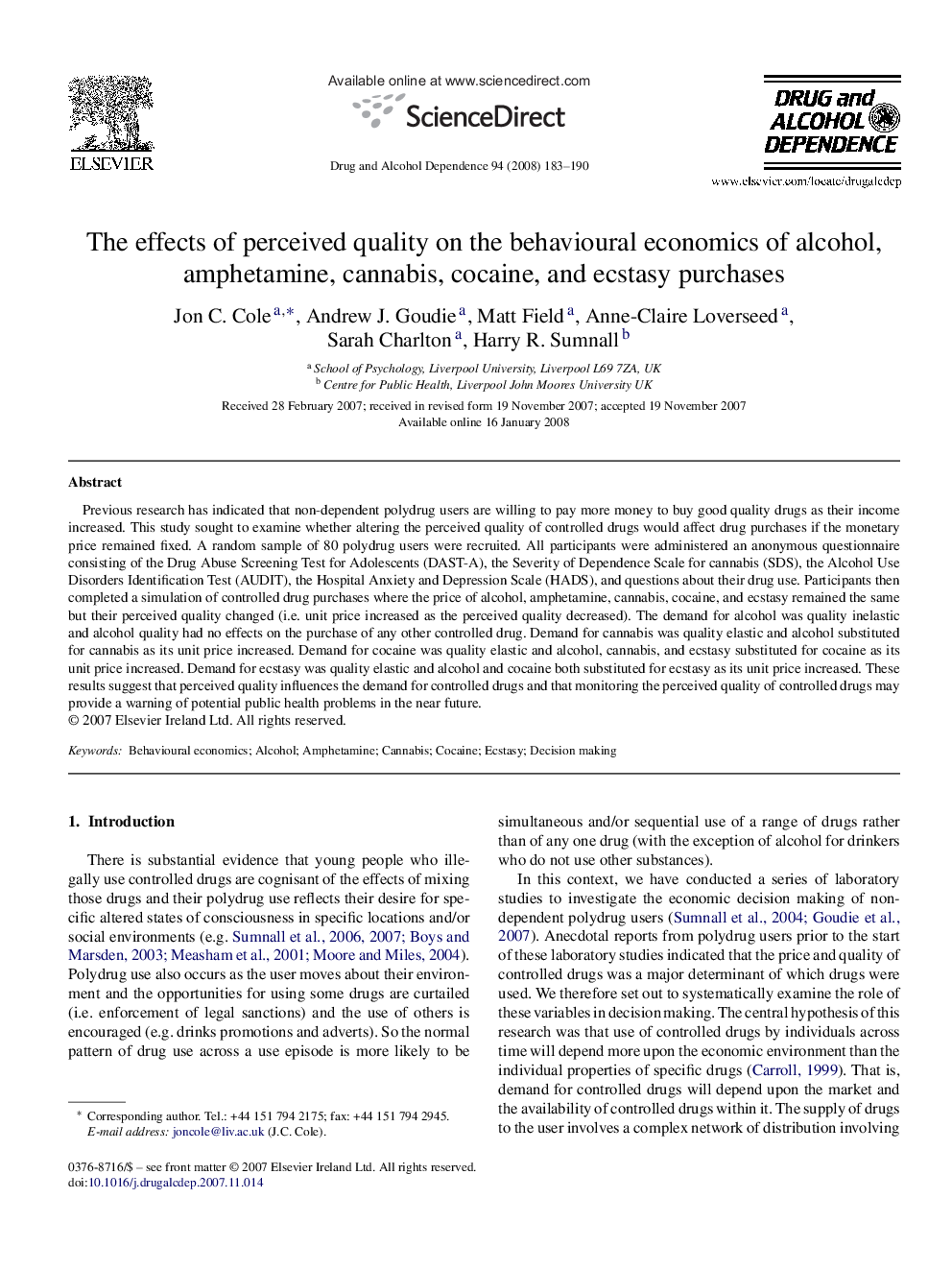 The effects of perceived quality on the behavioural economics of alcohol, amphetamine, cannabis, cocaine, and ecstasy purchases