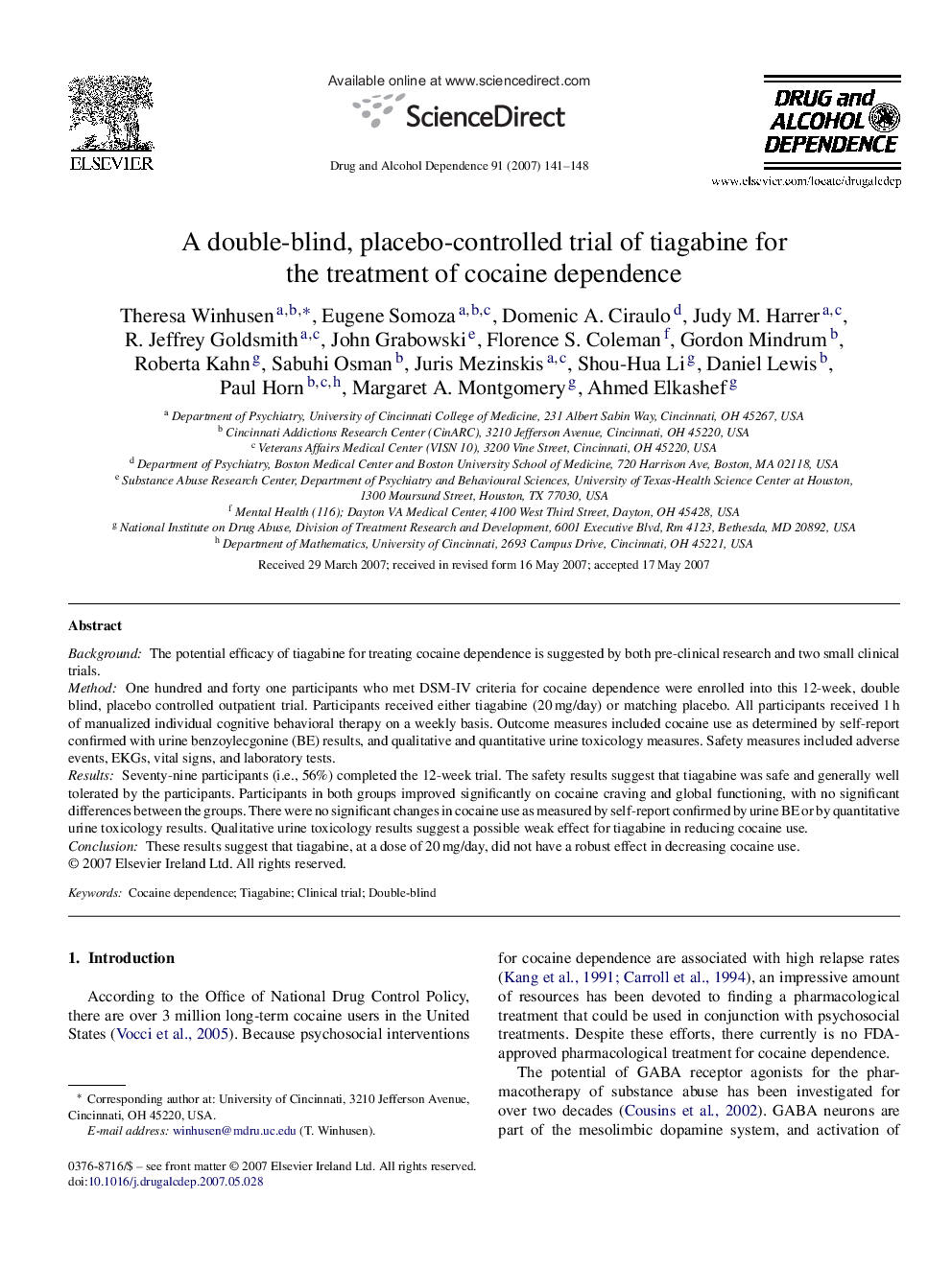 A double-blind, placebo-controlled trial of tiagabine for the treatment of cocaine dependence