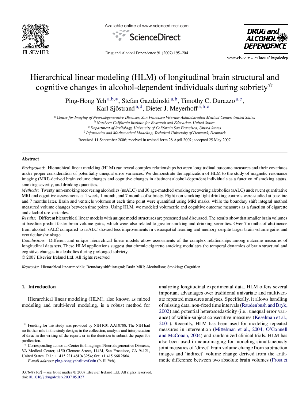 Hierarchical linear modeling (HLM) of longitudinal brain structural and cognitive changes in alcohol-dependent individuals during sobriety 