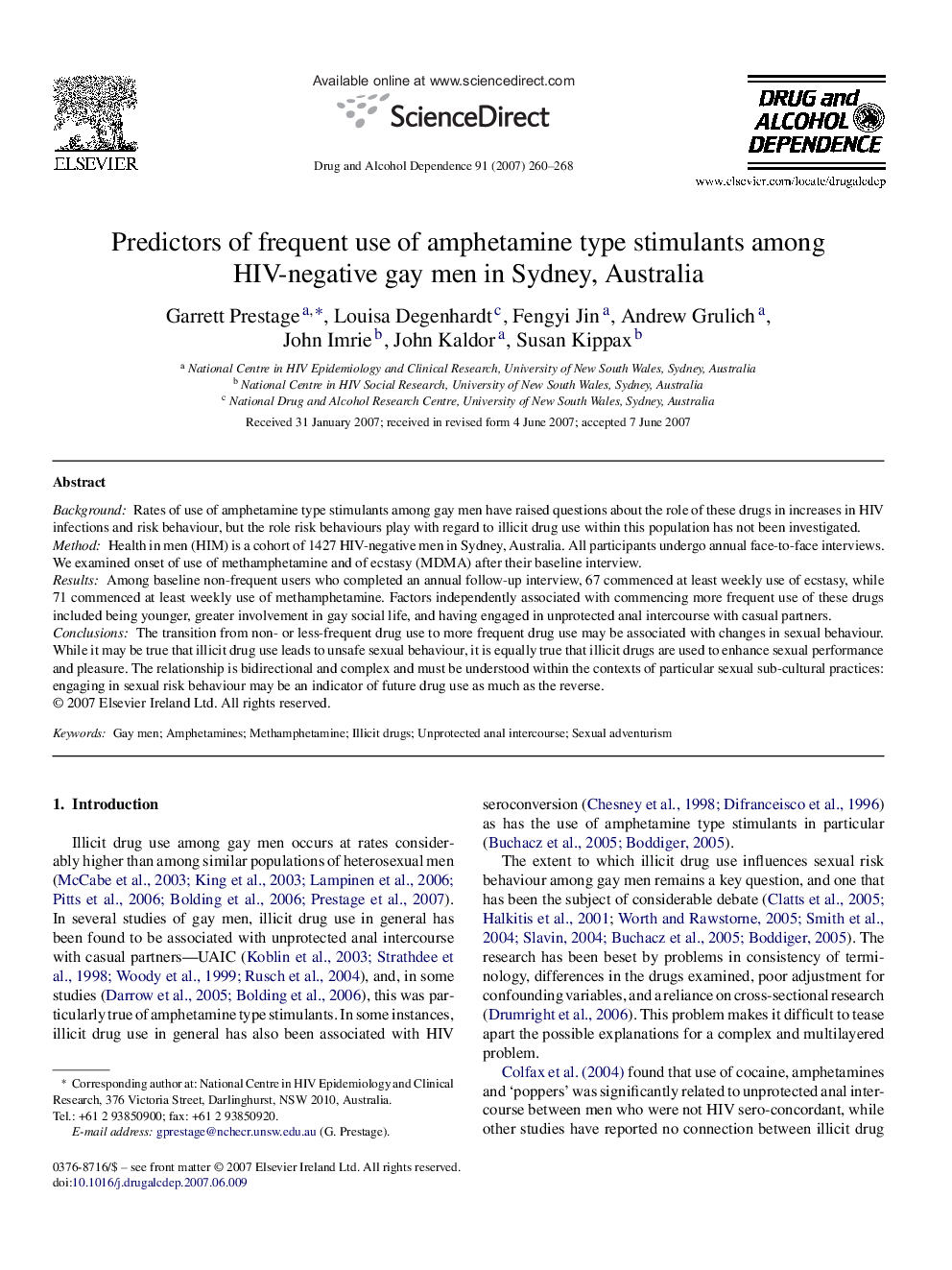 Predictors of frequent use of amphetamine type stimulants among HIV-negative gay men in Sydney, Australia