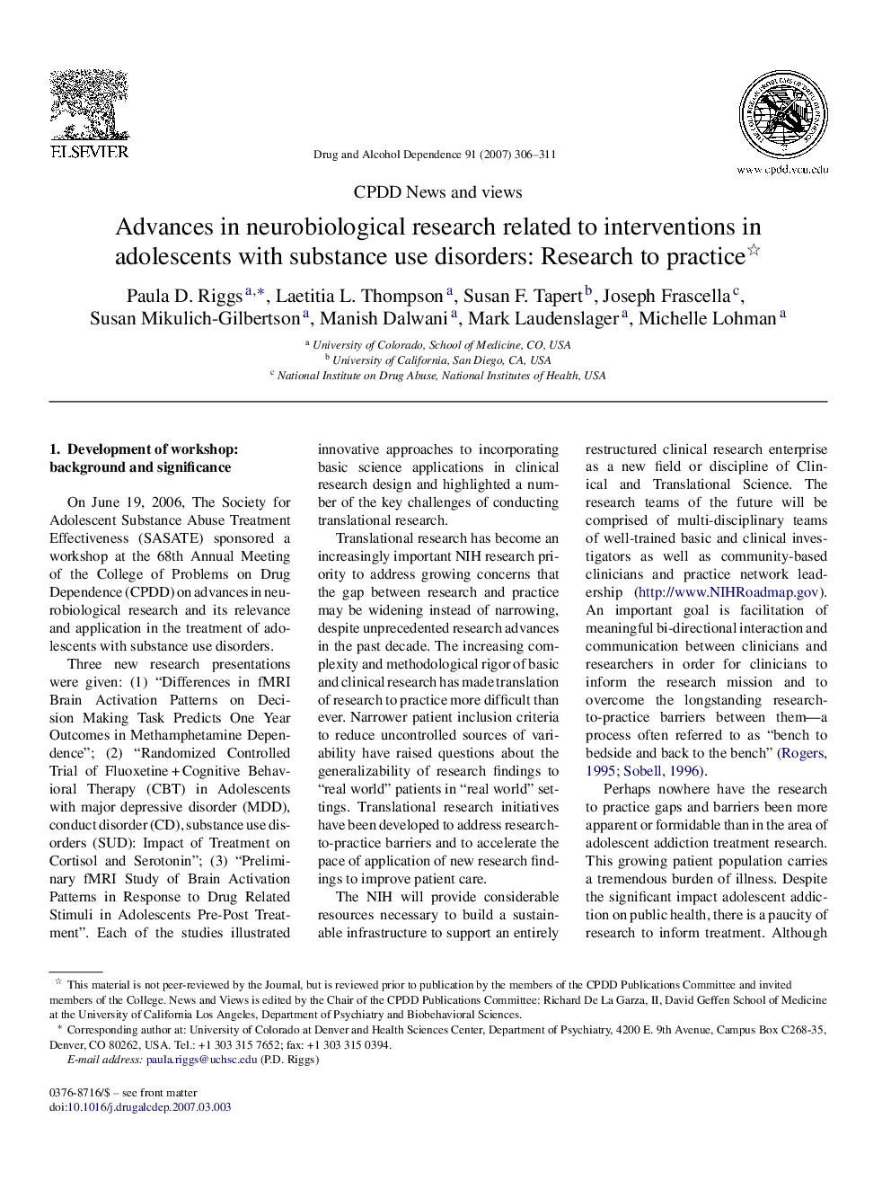 Advances in Neurobiological Research Related to Interventions in Adolescents with Substance Use Disorders: Research to Practice
