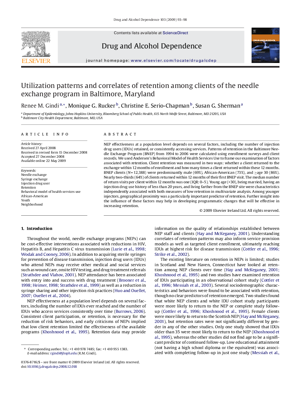 Utilization patterns and correlates of retention among clients of the needle exchange program in Baltimore, Maryland