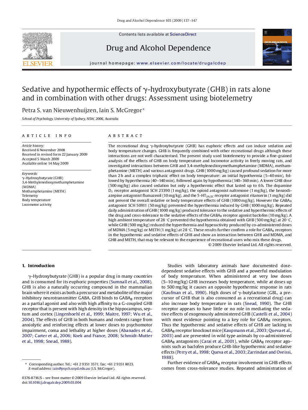 Sedative and hypothermic effects of γ-hydroxybutyrate (GHB) in rats alone and in combination with other drugs: Assessment using biotelemetry