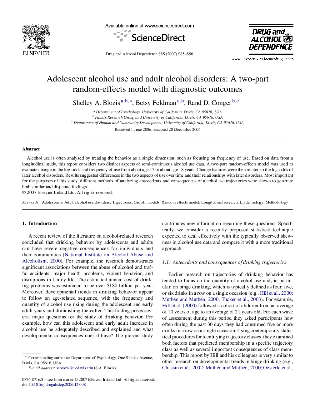 Adolescent alcohol use and adult alcohol disorders: A two-part random-effects model with diagnostic outcomes