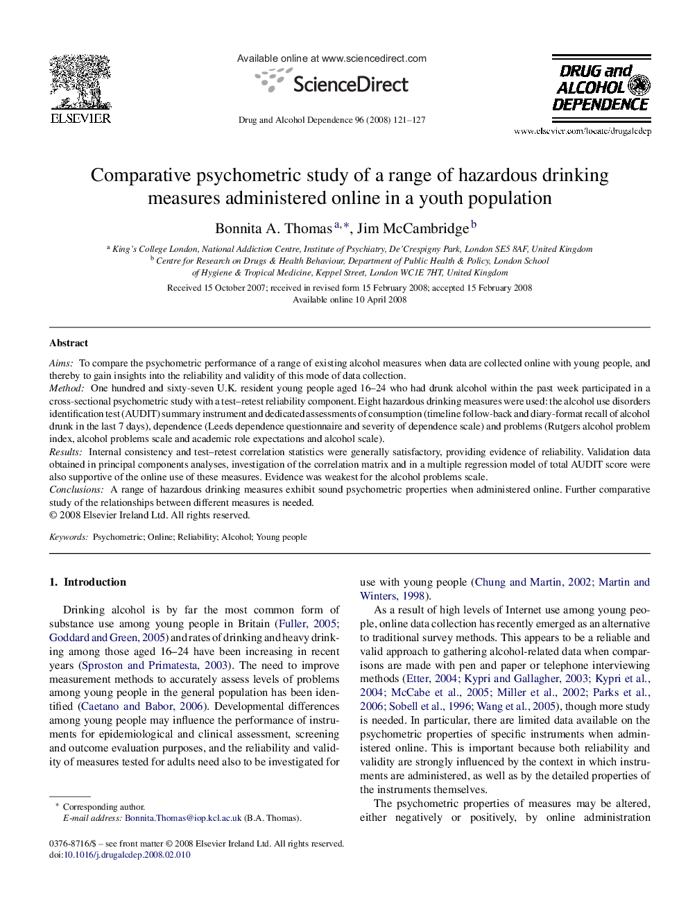 Comparative psychometric study of a range of hazardous drinking measures administered online in a youth population