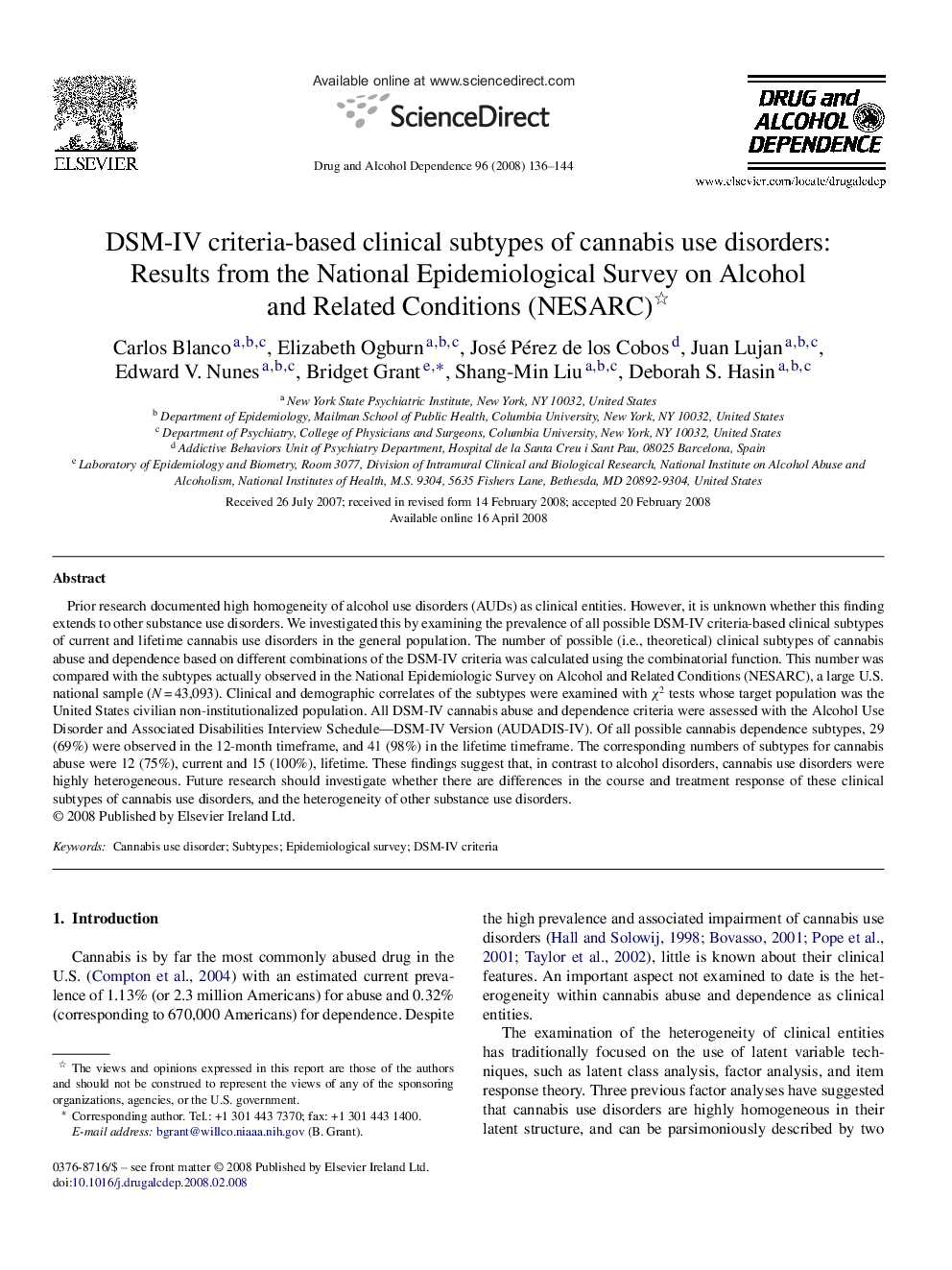 DSM-IV criteria-based clinical subtypes of cannabis use disorders: Results from the National Epidemiological Survey on Alcohol and Related Conditions (NESARC) 