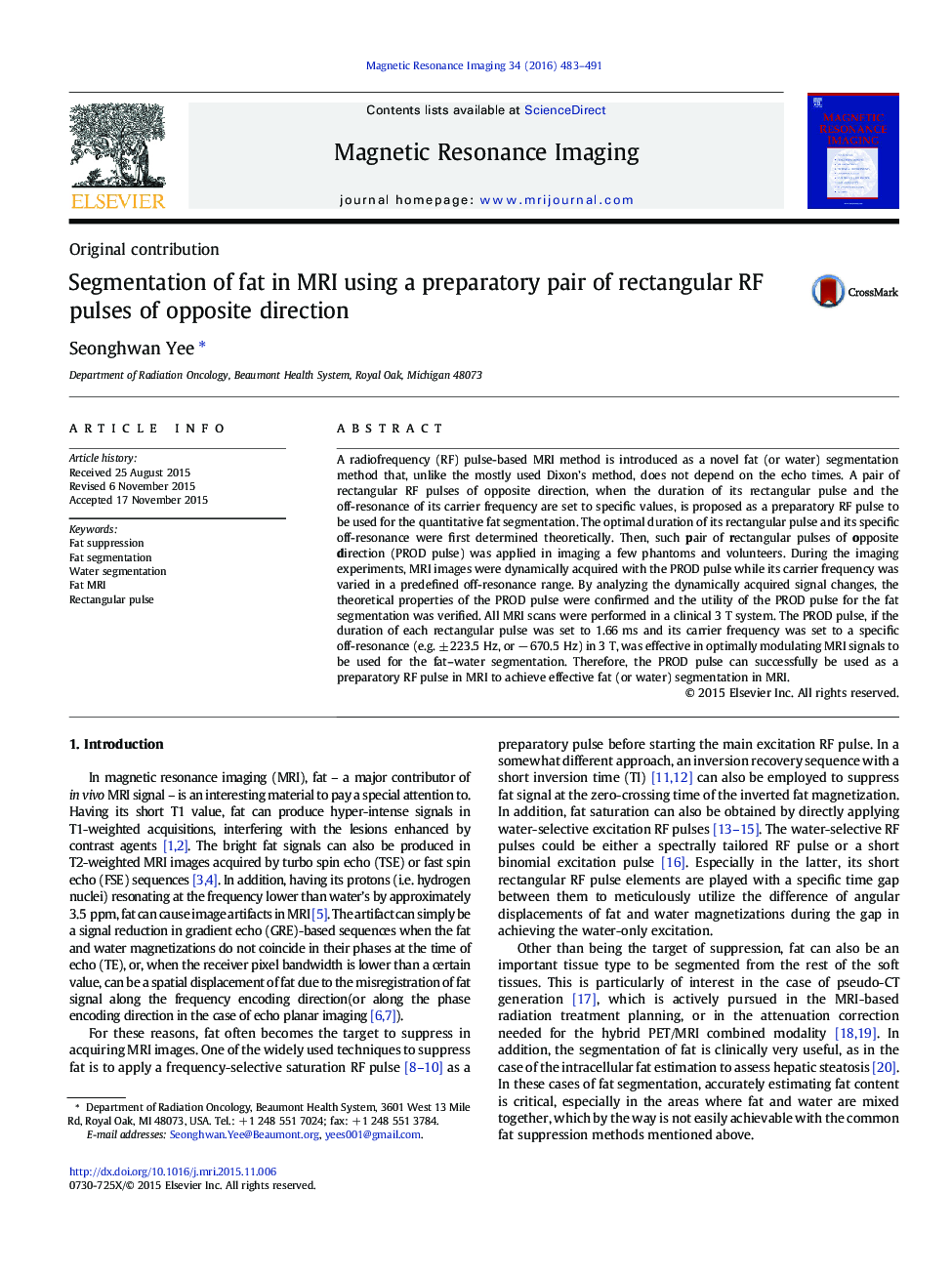 Segmentation of fat in MRI using a preparatory pair of rectangular RF pulses of opposite direction