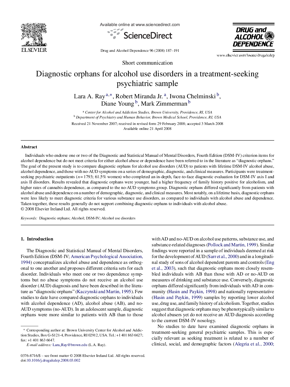 Diagnostic orphans for alcohol use disorders in a treatment-seeking psychiatric sample