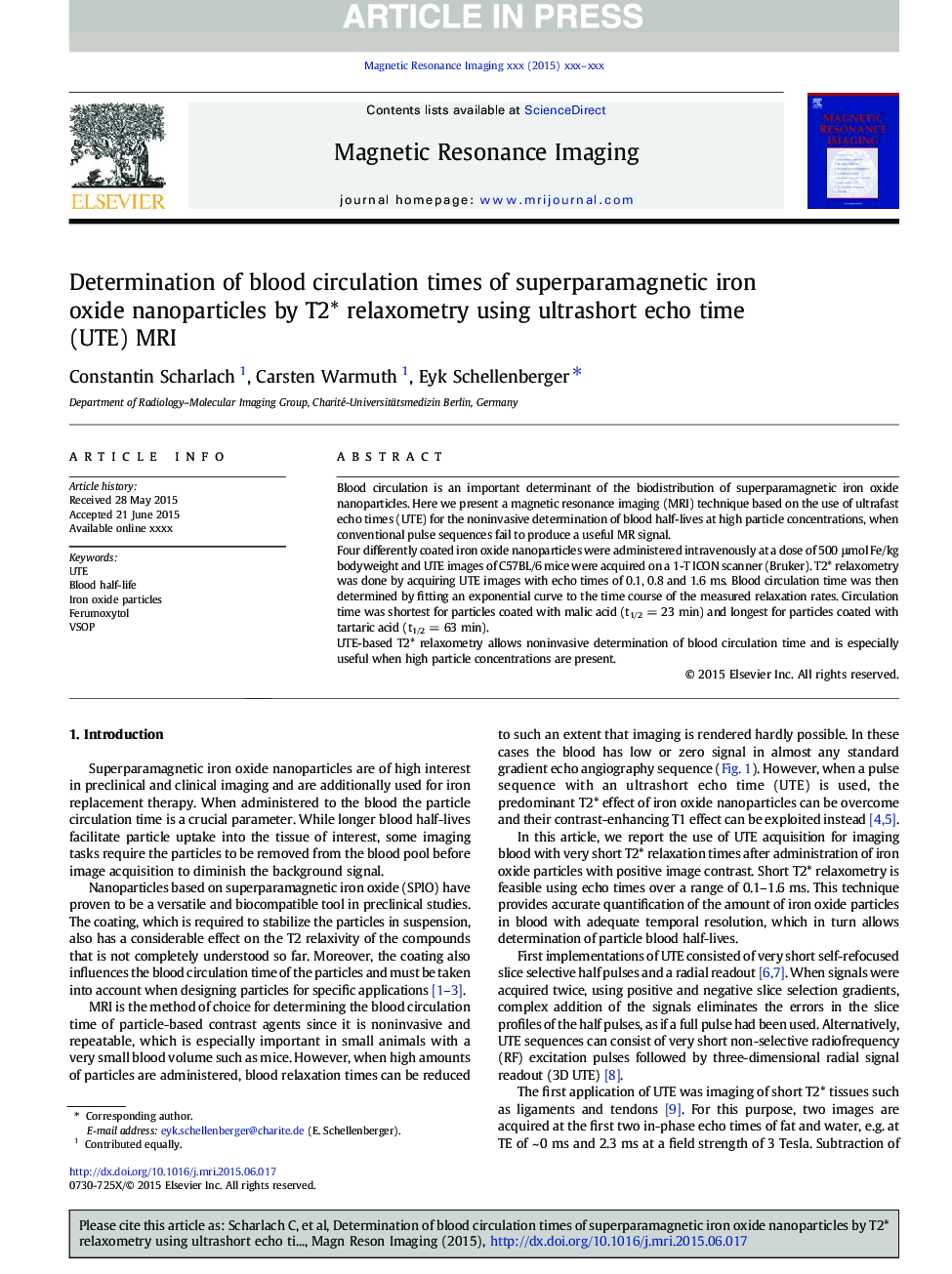 Determination of blood circulation times of superparamagnetic iron oxide nanoparticles by T2* relaxometry using ultrashort echo time (UTE) MRI