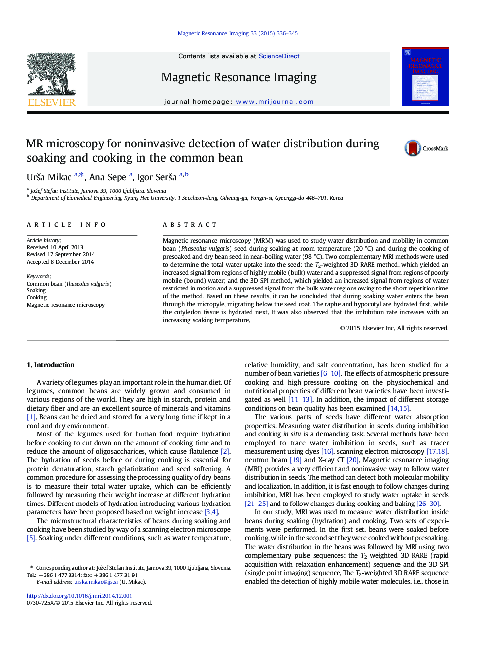 MR microscopy for noninvasive detection of water distribution during soaking and cooking in the common bean