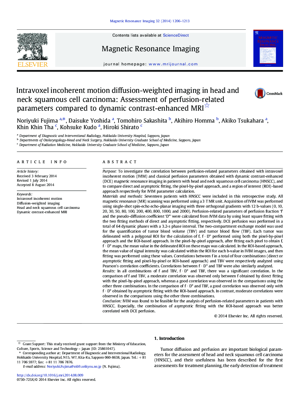 Intravoxel incoherent motion diffusion-weighted imaging in head and neck squamous cell carcinoma: Assessment of perfusion-related parameters compared to dynamic contrast-enhanced MRI