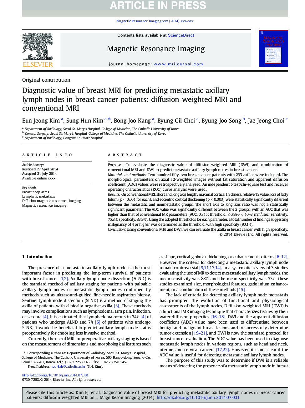 Diagnostic value of breast MRI for predicting metastatic axillary lymph nodes in breast cancer patients: diffusion-weighted MRI and conventional MRI