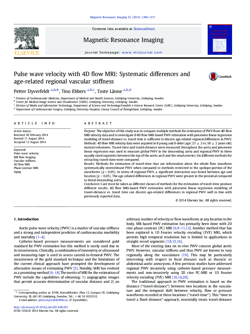 Pulse wave velocity with 4D flow MRI: Systematic differences and age-related regional vascular stiffness