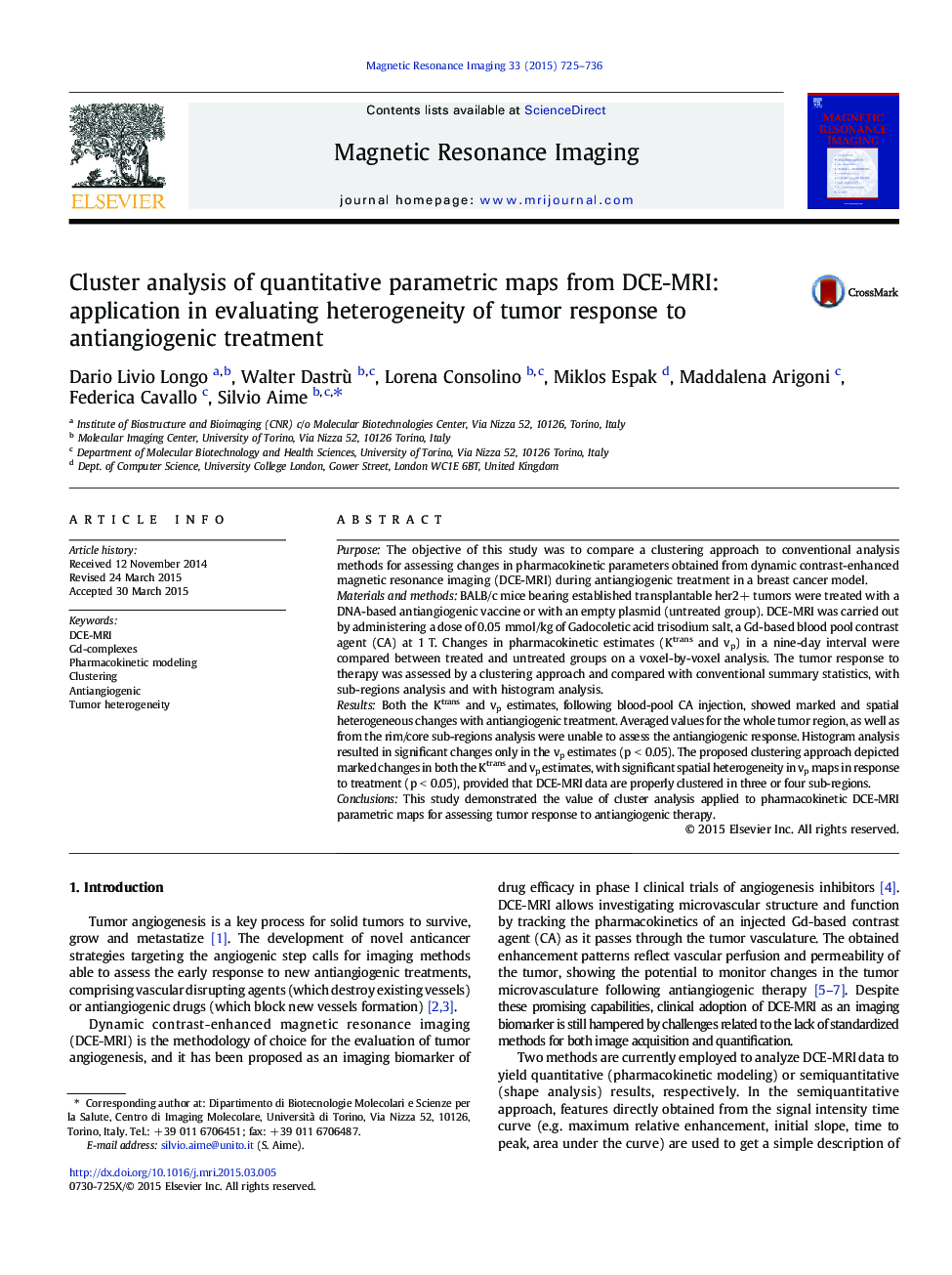 Cluster analysis of quantitative parametric maps from DCE-MRI: application in evaluating heterogeneity of tumor response to antiangiogenic treatment