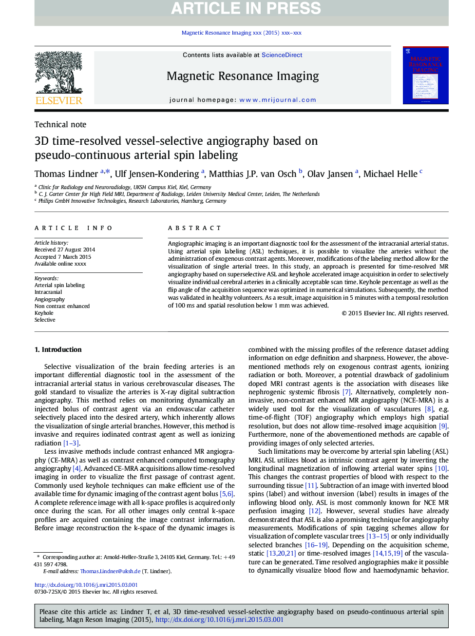 عکس صفحه اول مقاله: 3D time-resolved vessel-selective angiography based on pseudo-continuous arterial spin labeling 3D time-resolved vessel-selective angiography based on pseudo-continuous arterial spin labeling