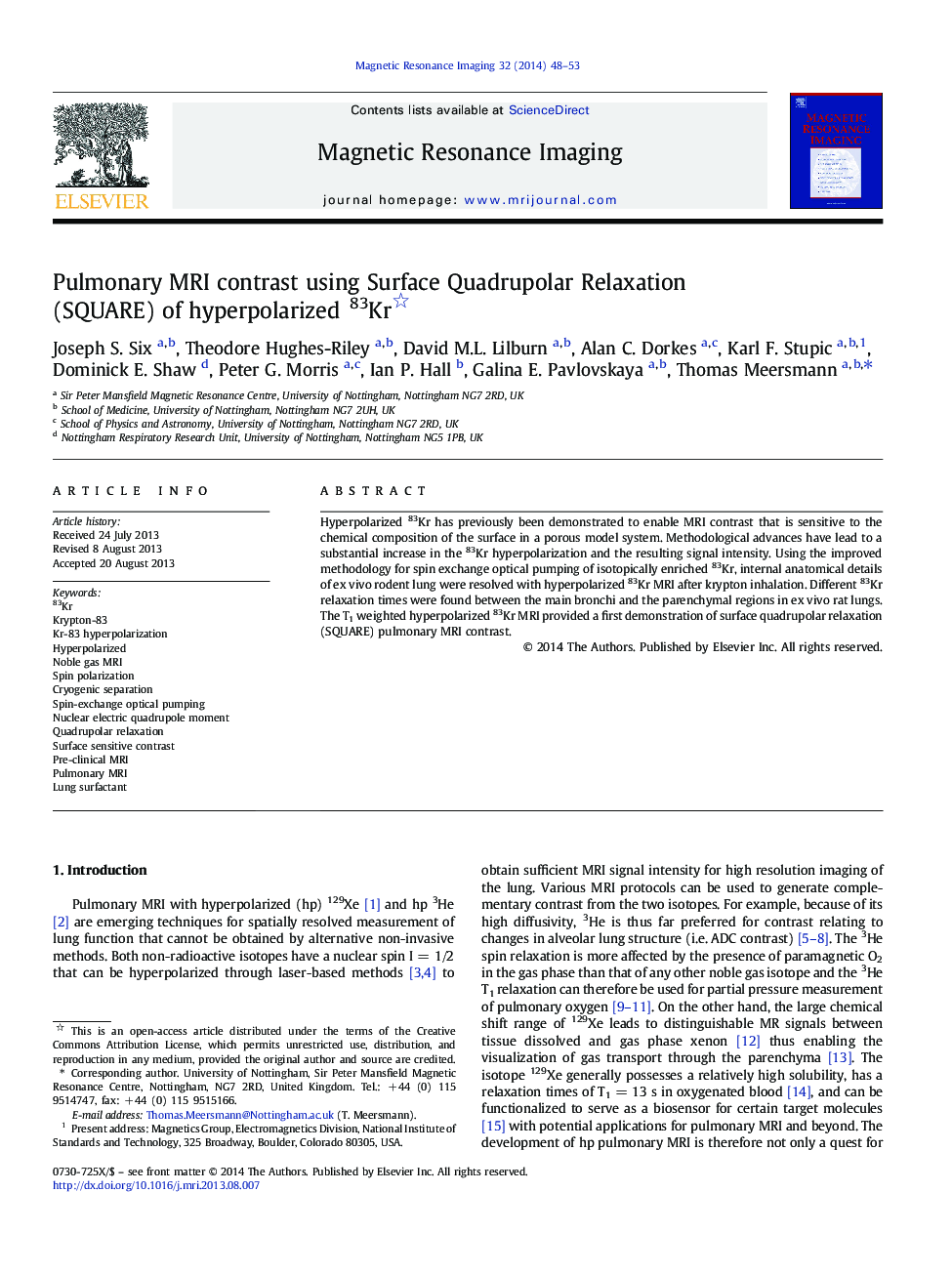 Pulmonary MRI contrast using Surface Quadrupolar Relaxation (SQUARE) of hyperpolarized 83Kr