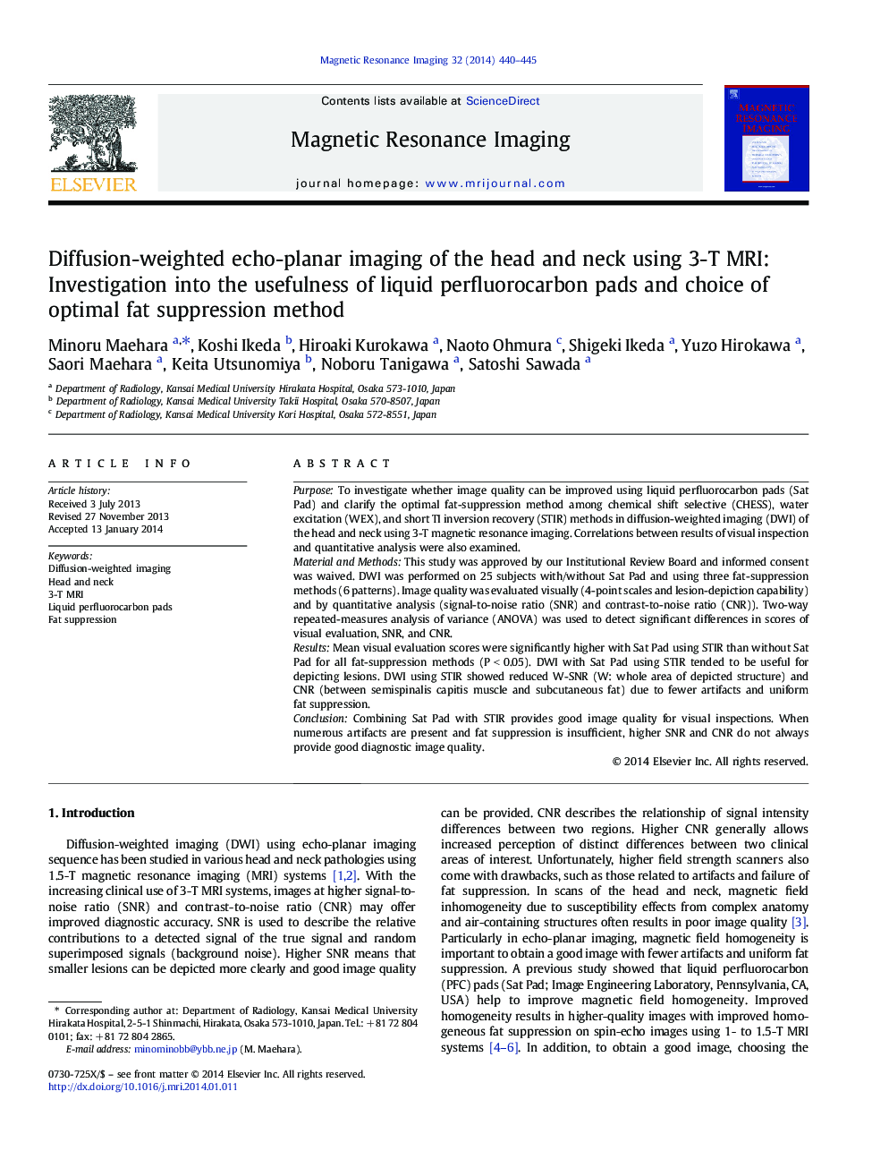 Diffusion-weighted echo-planar imaging of the head and neck using 3-T MRI: Investigation into the usefulness of liquid perfluorocarbon pads and choice of optimal fat suppression method