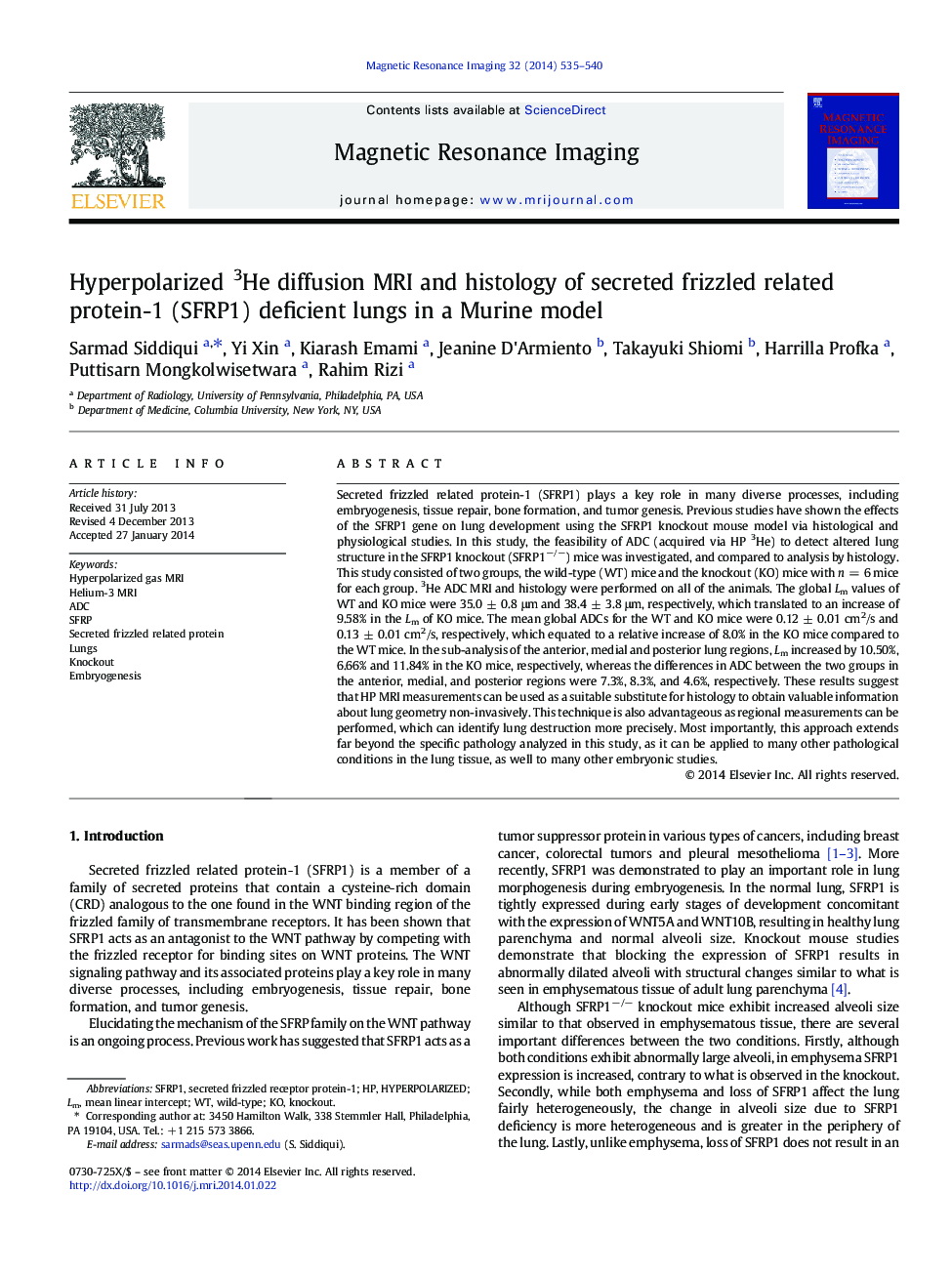 Hyperpolarized 3He diffusion MRI and histology of secreted frizzled related protein-1 (SFRP1) deficient lungs in a Murine model